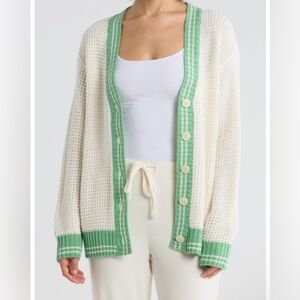 P.J. Salvage Cream and Green Preppy Knit Cardigan Sweater Oversized XS